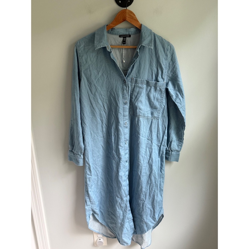 Eileen Fisher Organic Cotton‎ Chambray Shirt Dress Light Blue Denim XS High Low
